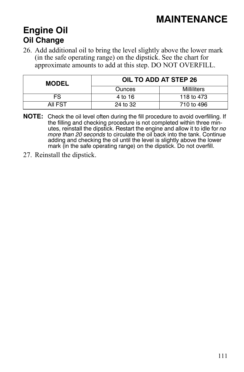 Maintenance, Engine oil, Oil change | Polaris FS IQ TOURING 7427 C User Manual | Page 114 / 176