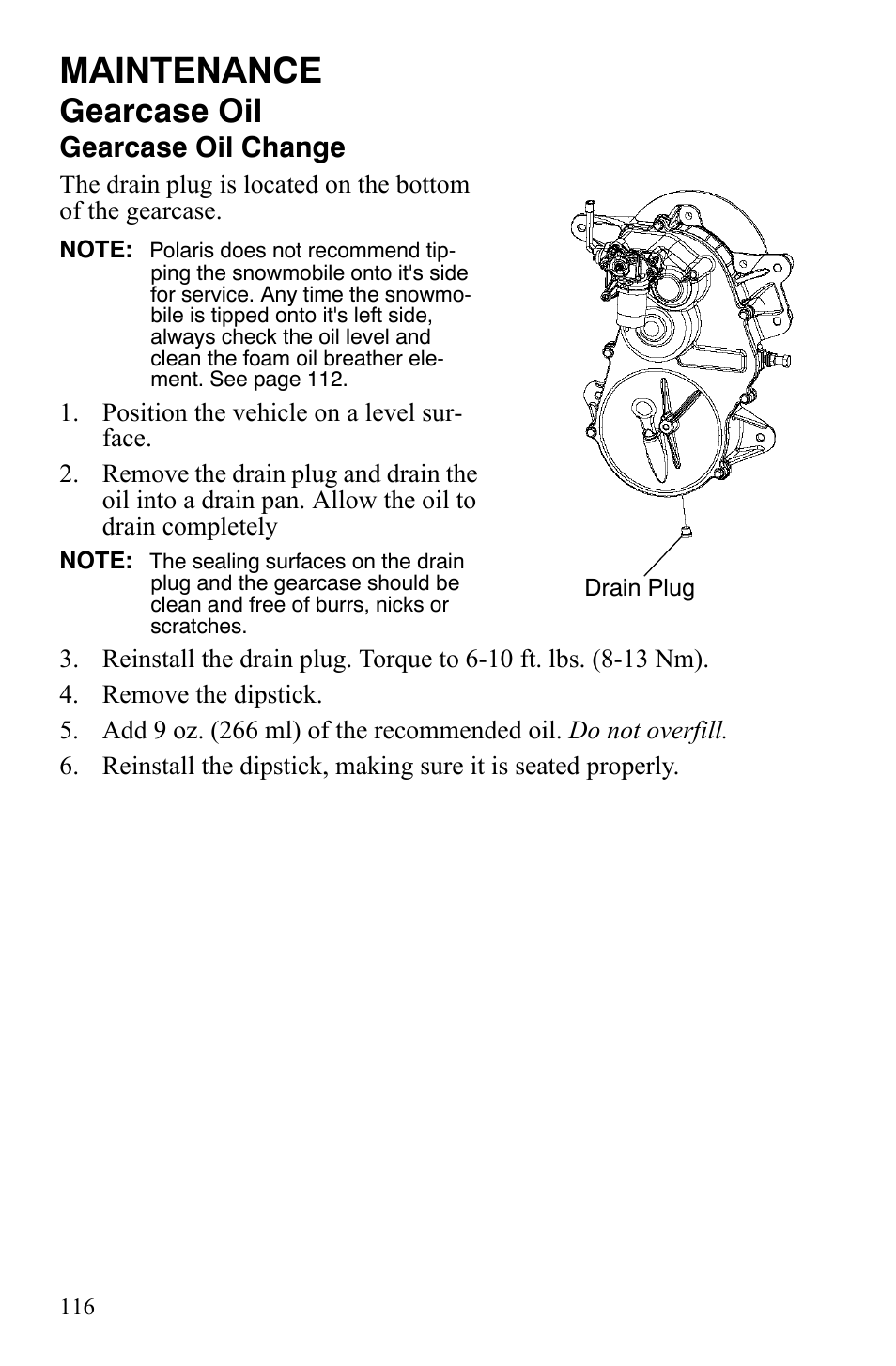 Maintenance, Gearcase oil, Gearcase oil change | Polaris FS IQ TOURING 7427 C User Manual | Page 119 / 176