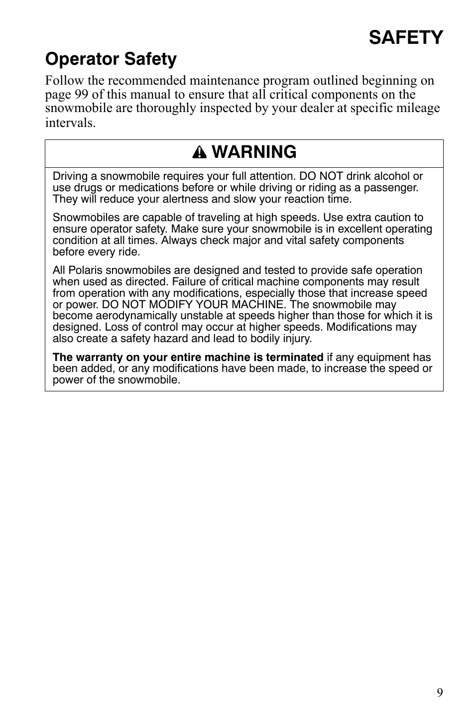 Safety, Operator safety, Warning | Polaris FS IQ TOURING 7427 C User Manual | Page 12 / 176