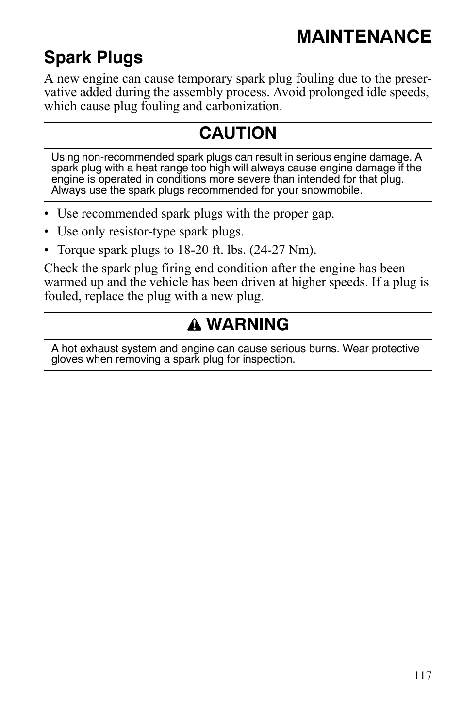 Maintenance, Spark plugs, Caution | Warning | Polaris FS IQ TOURING 7427 C User Manual | Page 120 / 176