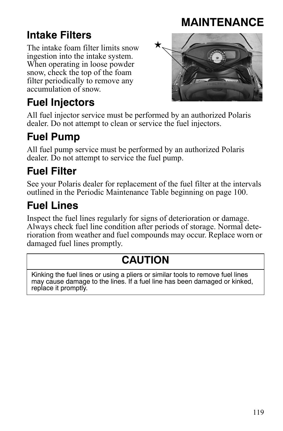Maintenance, Intake filters, Fuel injectors | Fuel pump, Fuel filter, Fuel lines, Caution | Polaris FS IQ TOURING 7427 C User Manual | Page 122 / 176