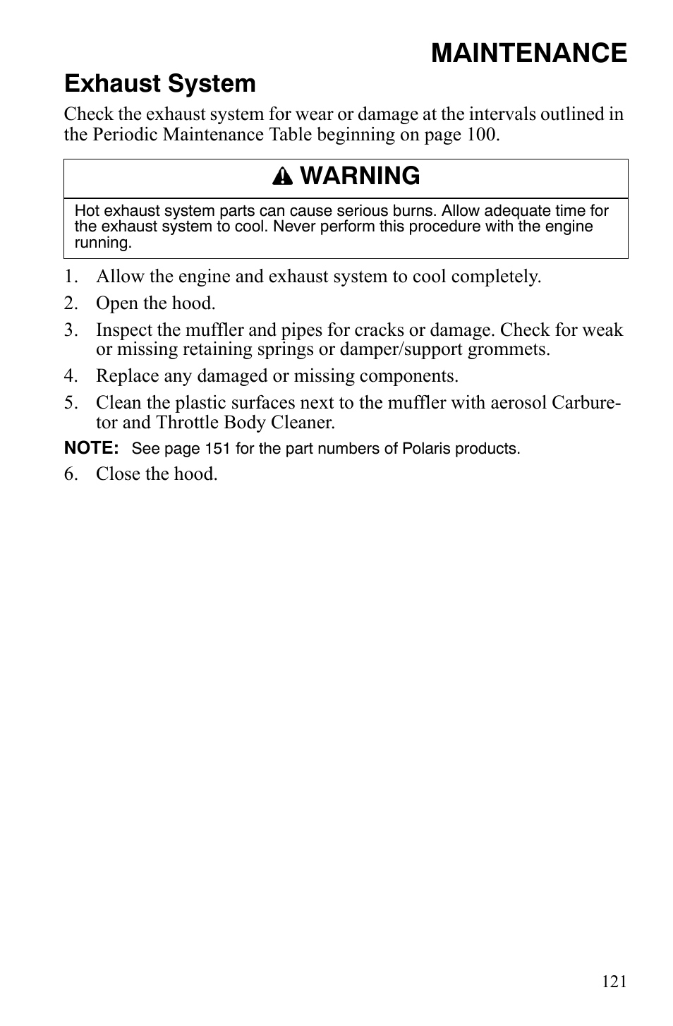 Maintenance, Exhaust system, Warning | Polaris FS IQ TOURING 7427 C User Manual | Page 124 / 176