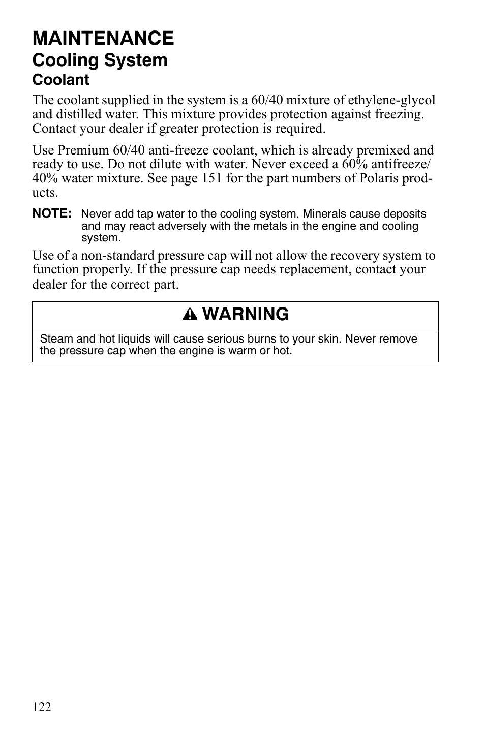 Maintenance, Cooling system, Warning | Polaris FS IQ TOURING 7427 C User Manual | Page 125 / 176