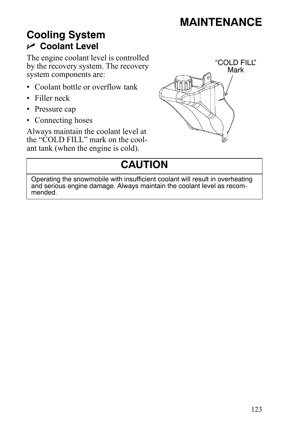 Maintenance, Cooling system, Caution | Polaris FS IQ TOURING 7427 C User Manual | Page 126 / 176