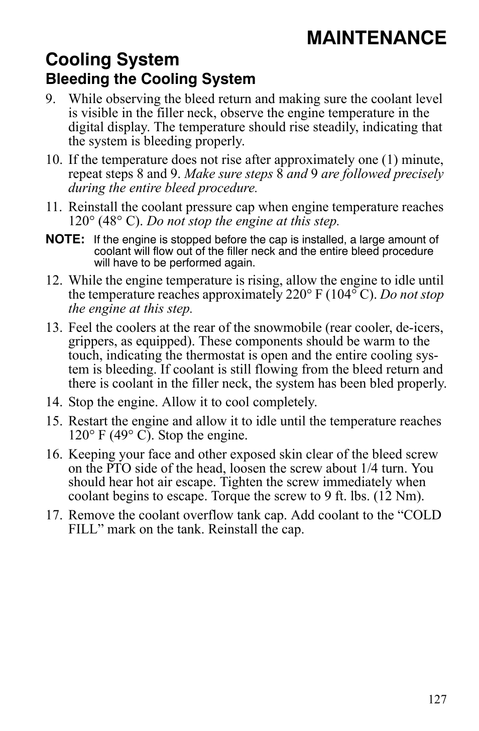 Maintenance, Cooling system | Polaris FS IQ TOURING 7427 C User Manual | Page 130 / 176