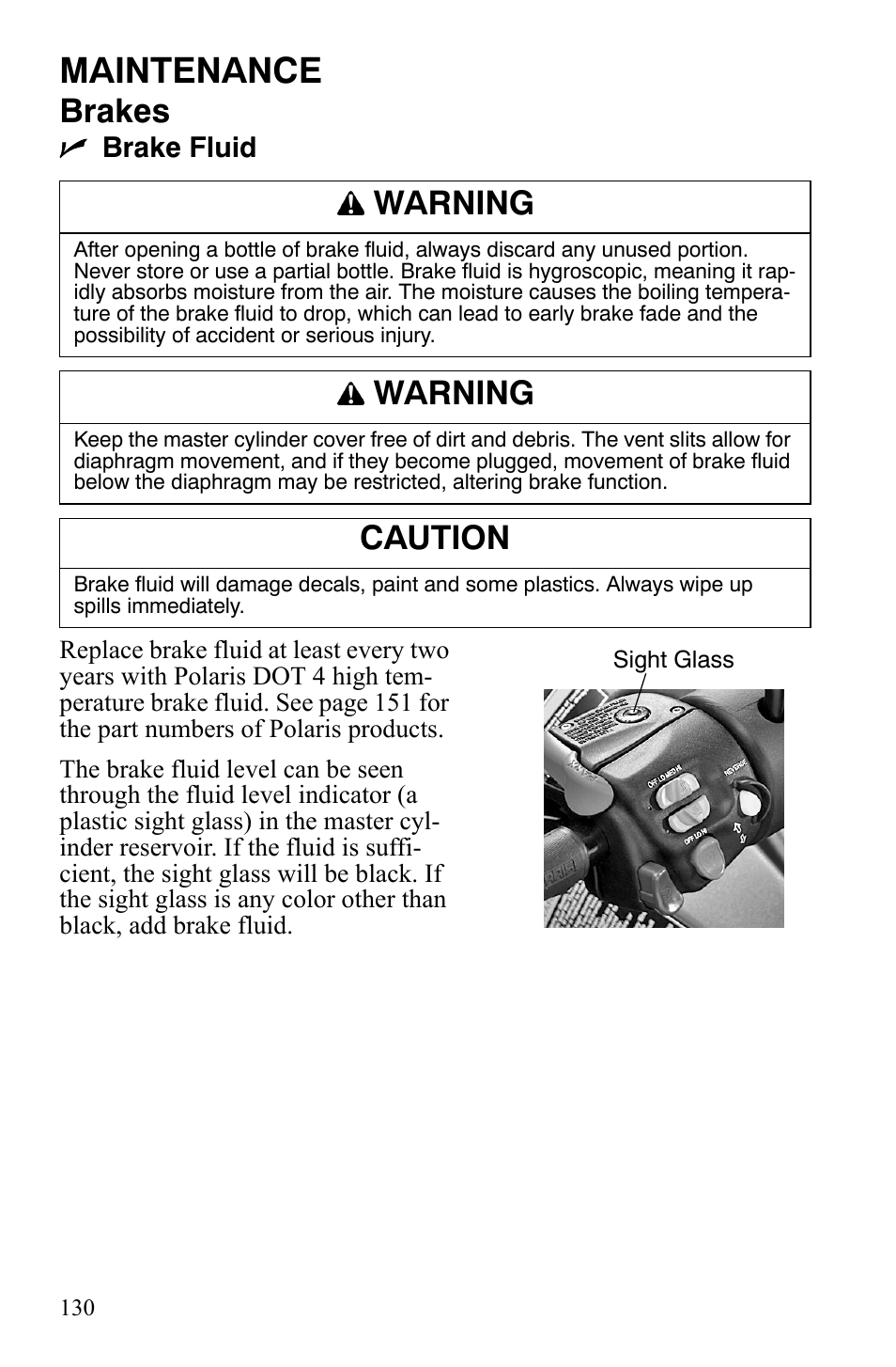 Maintenance, Brakes, Warning | Caution | Polaris FS IQ TOURING 7427 C User Manual | Page 133 / 176