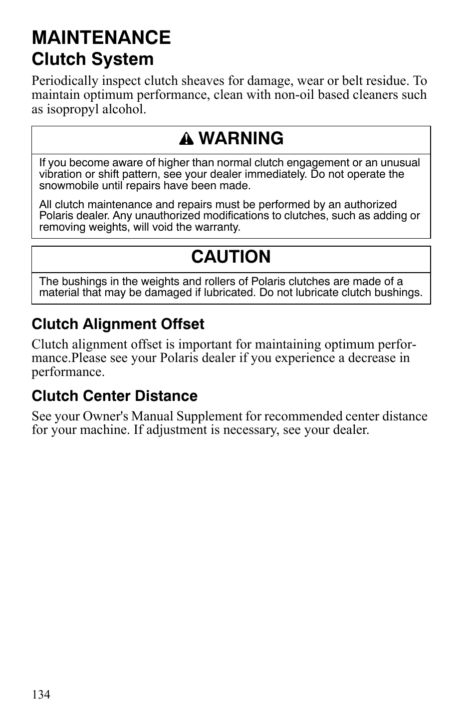 Maintenance, Clutch system, Warning | Caution | Polaris FS IQ TOURING 7427 C User Manual | Page 137 / 176