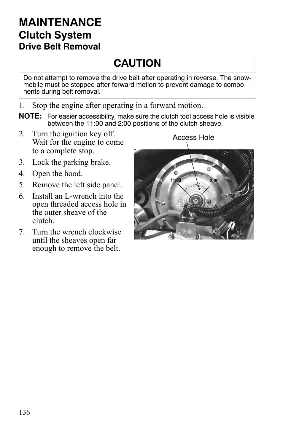 Maintenance, Clutch system, Caution | Drive belt removal | Polaris FS IQ TOURING 7427 C User Manual | Page 139 / 176