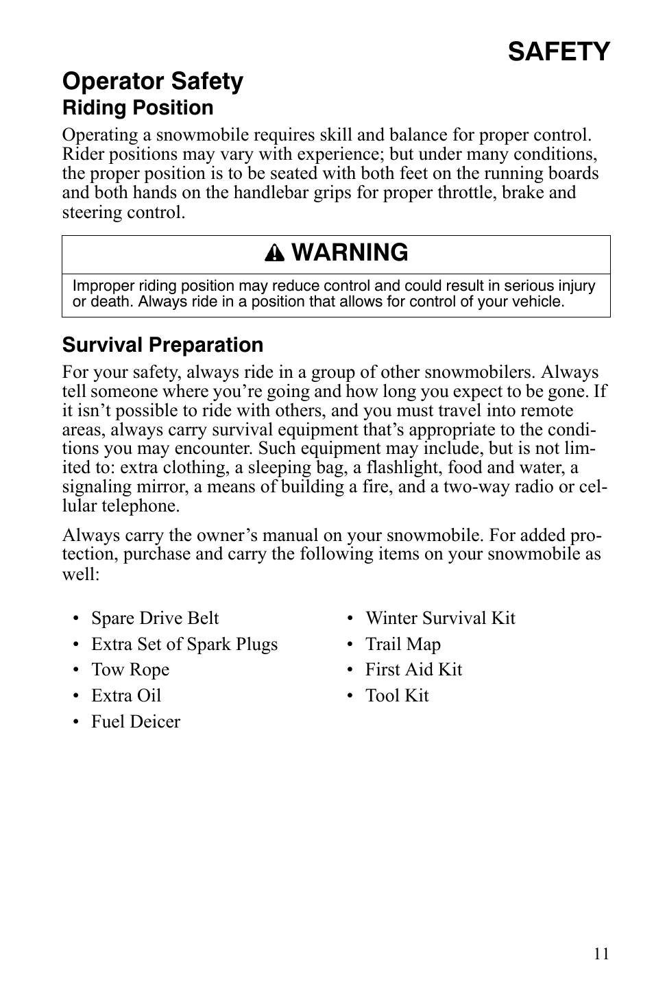 Safety, Operator safety, Warning | Polaris FS IQ TOURING 7427 C User Manual | Page 14 / 176