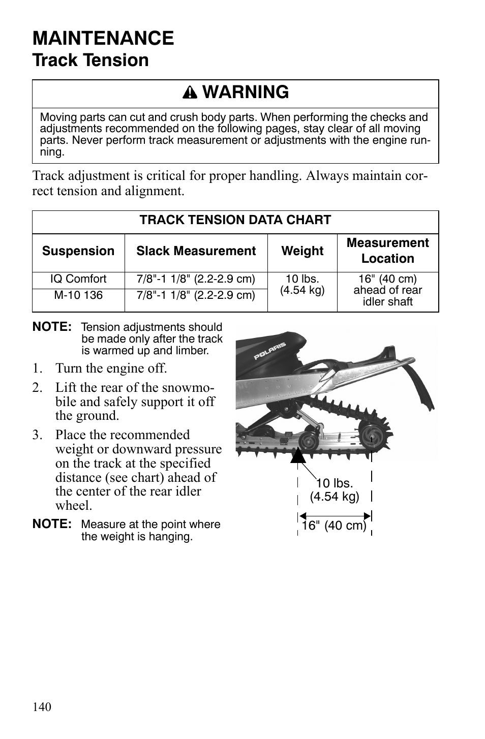 Maintenance, Track tension, Warning | Polaris FS IQ TOURING 7427 C User Manual | Page 143 / 176