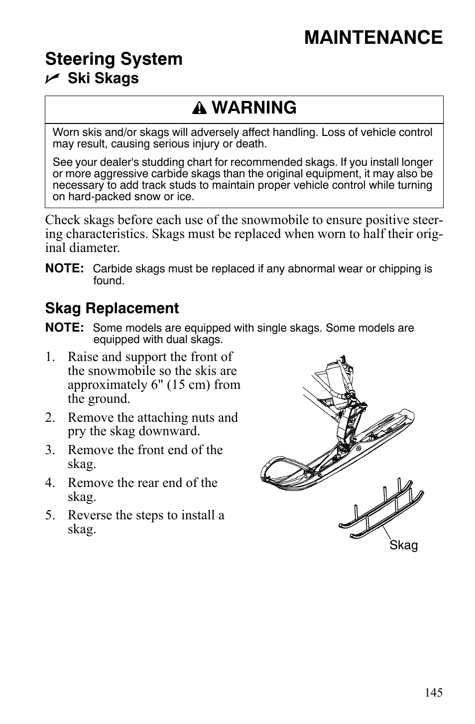 Maintenance, Steering system, Warning | Nski skags, Skag replacement | Polaris FS IQ TOURING 7427 C User Manual | Page 148 / 176