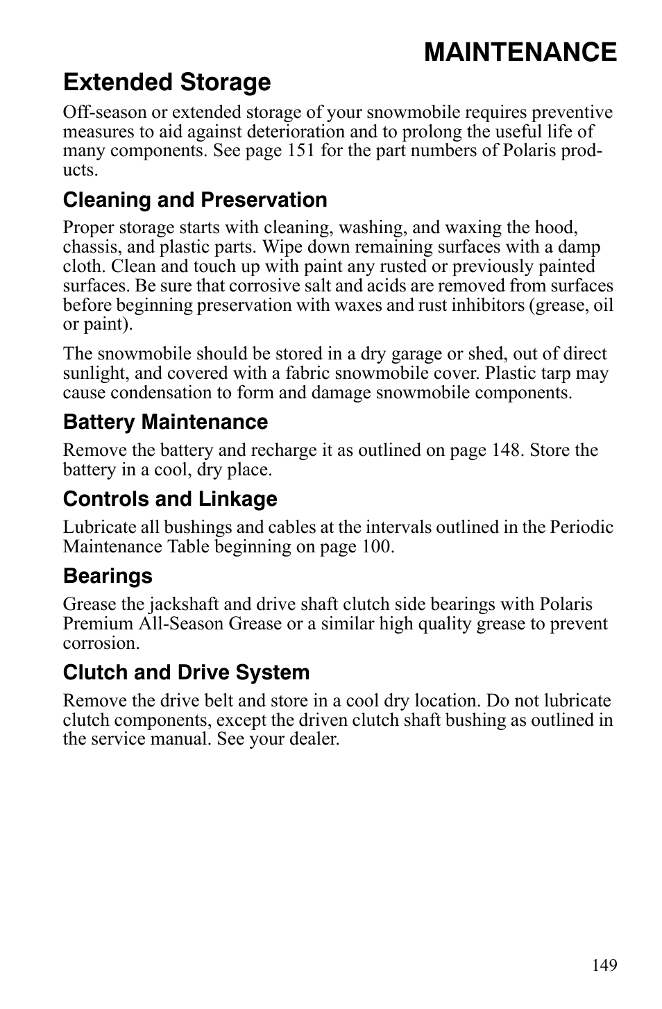 Maintenance, Extended storage | Polaris FS IQ TOURING 7427 C User Manual | Page 152 / 176
