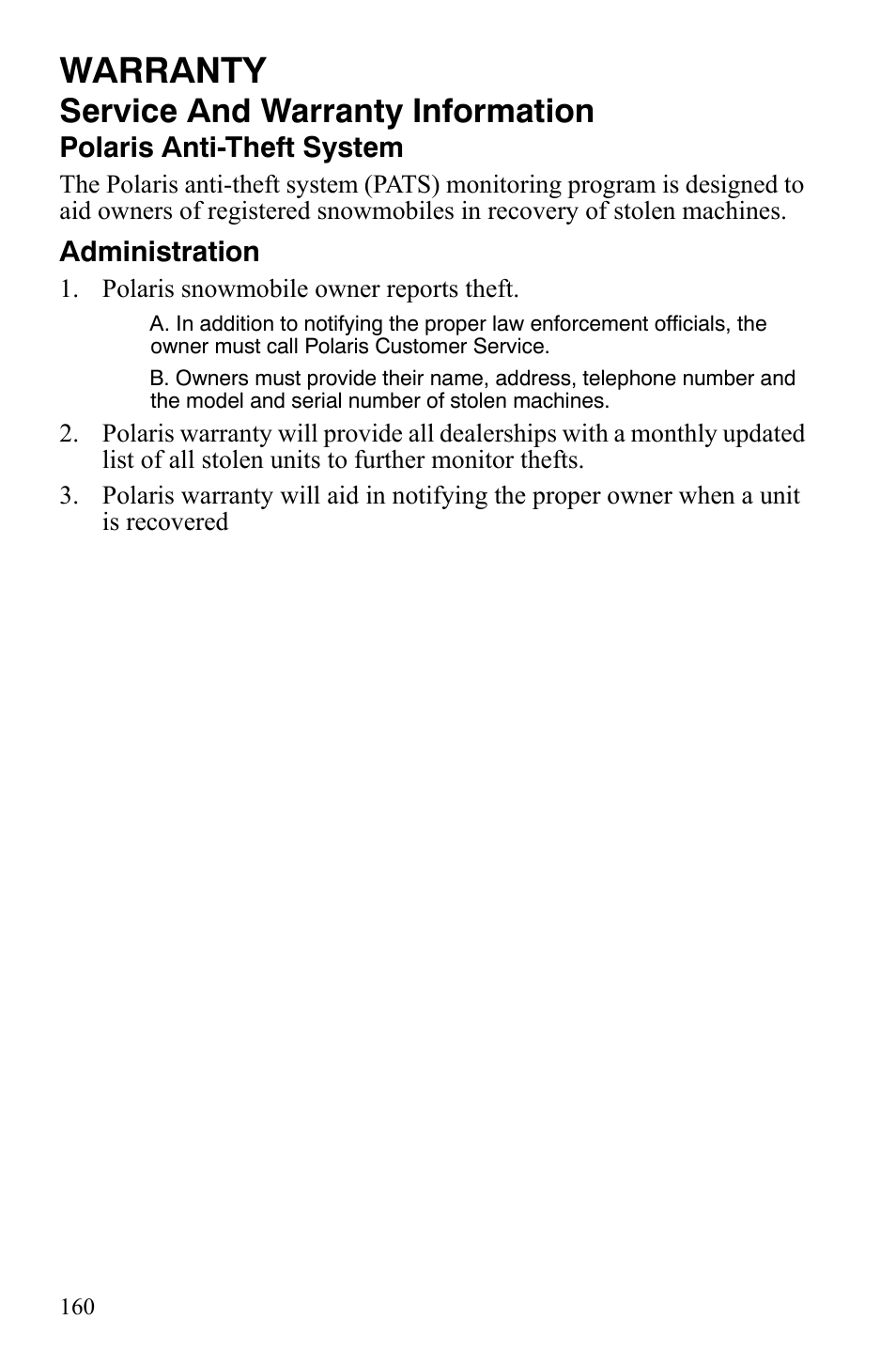 Warranty, Service and warranty information | Polaris FS IQ TOURING 7427 C User Manual | Page 163 / 176