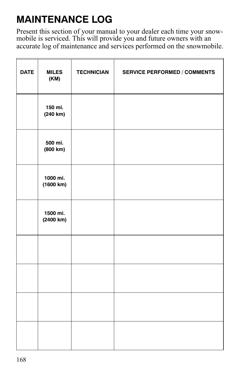 Maintenance log | Polaris FS IQ TOURING 7427 C User Manual | Page 171 / 176