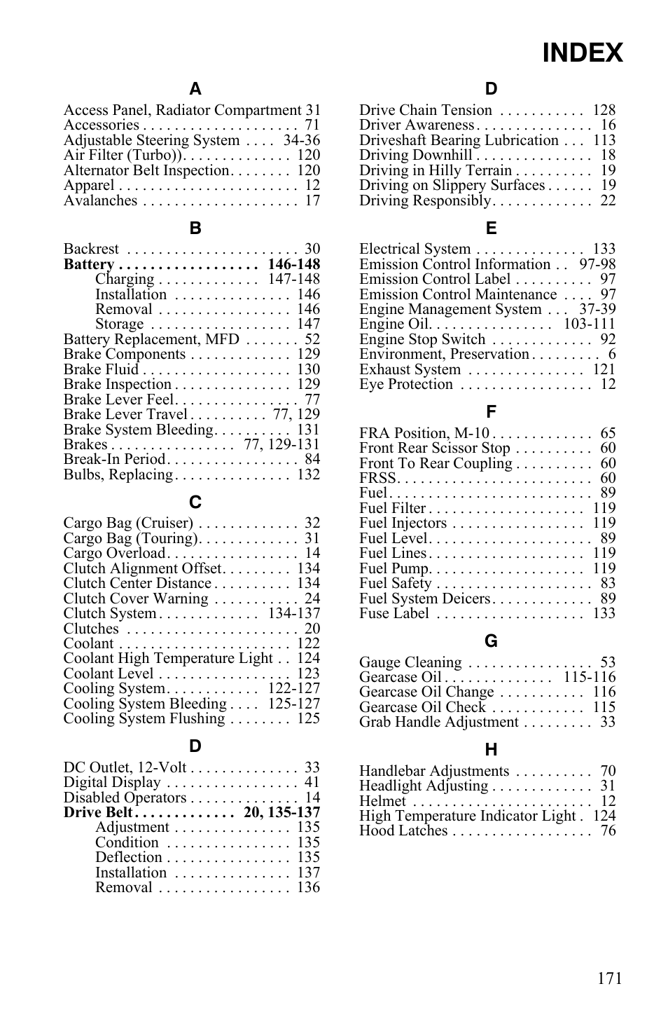 Index | Polaris FS IQ TOURING 7427 C User Manual | Page 174 / 176
