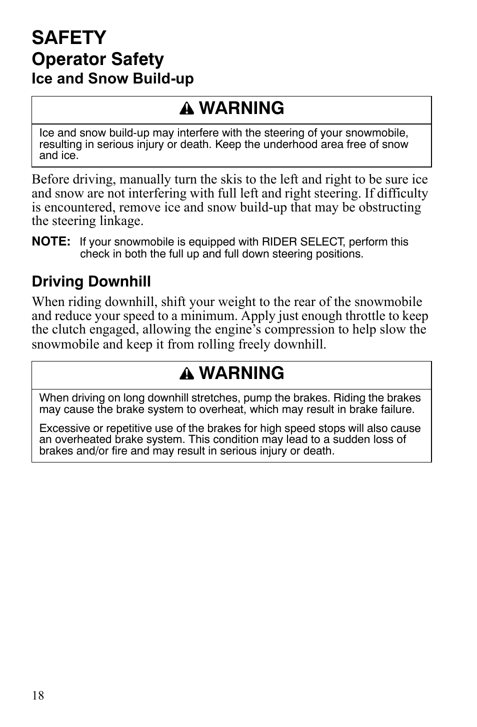 Safety, Operator safety, Warning | Polaris FS IQ TOURING 7427 C User Manual | Page 21 / 176