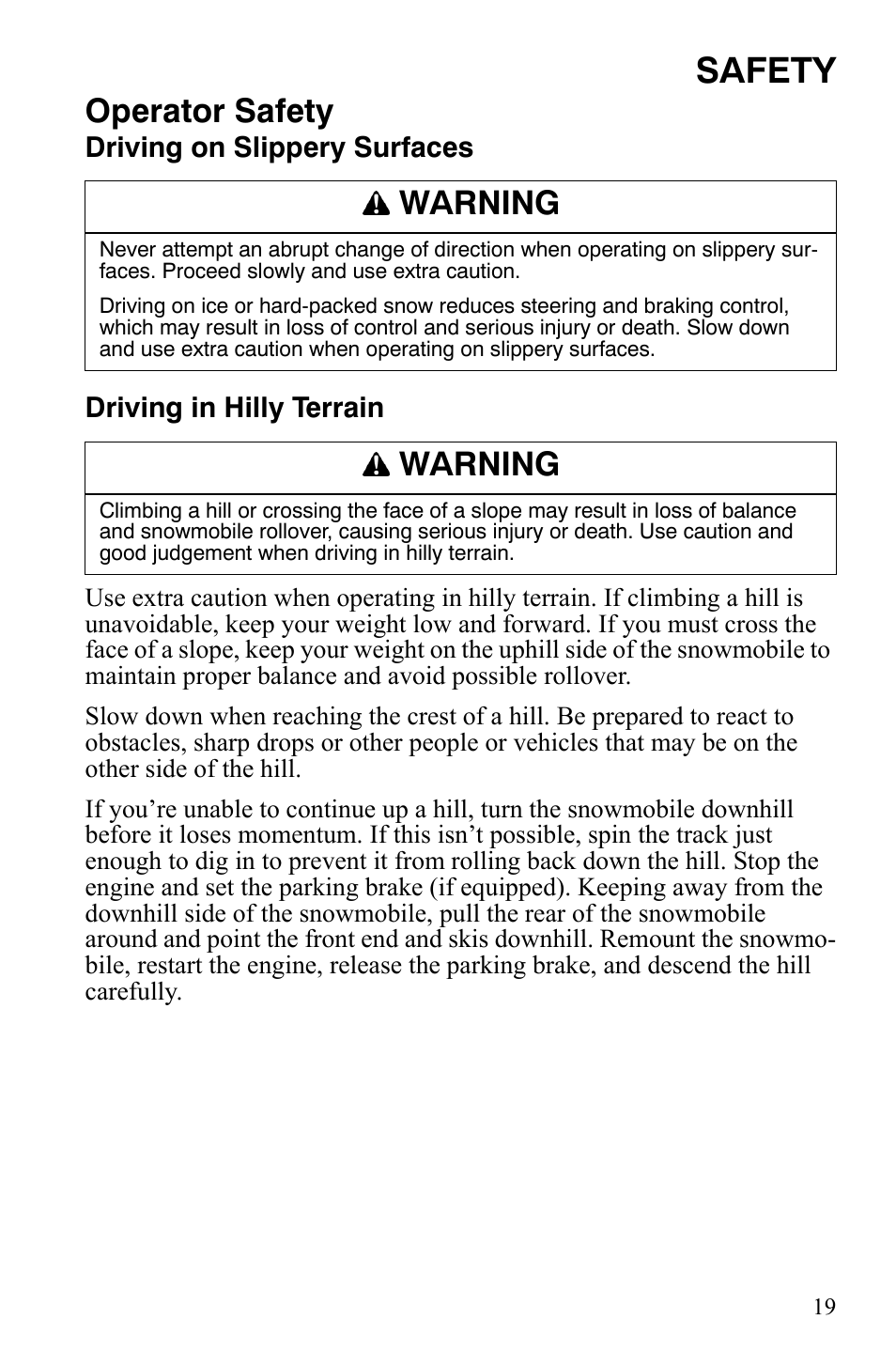 Safety, Operator safety, Warning | Polaris FS IQ TOURING 7427 C User Manual | Page 22 / 176