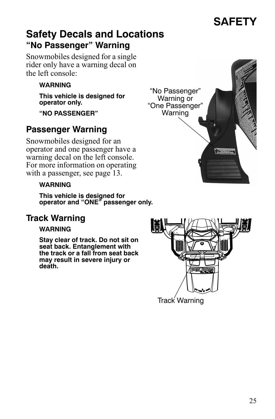 Safety, Safety decals and locations, No passenger” warning | Passenger warning, Track warning | Polaris FS IQ TOURING 7427 C User Manual | Page 28 / 176