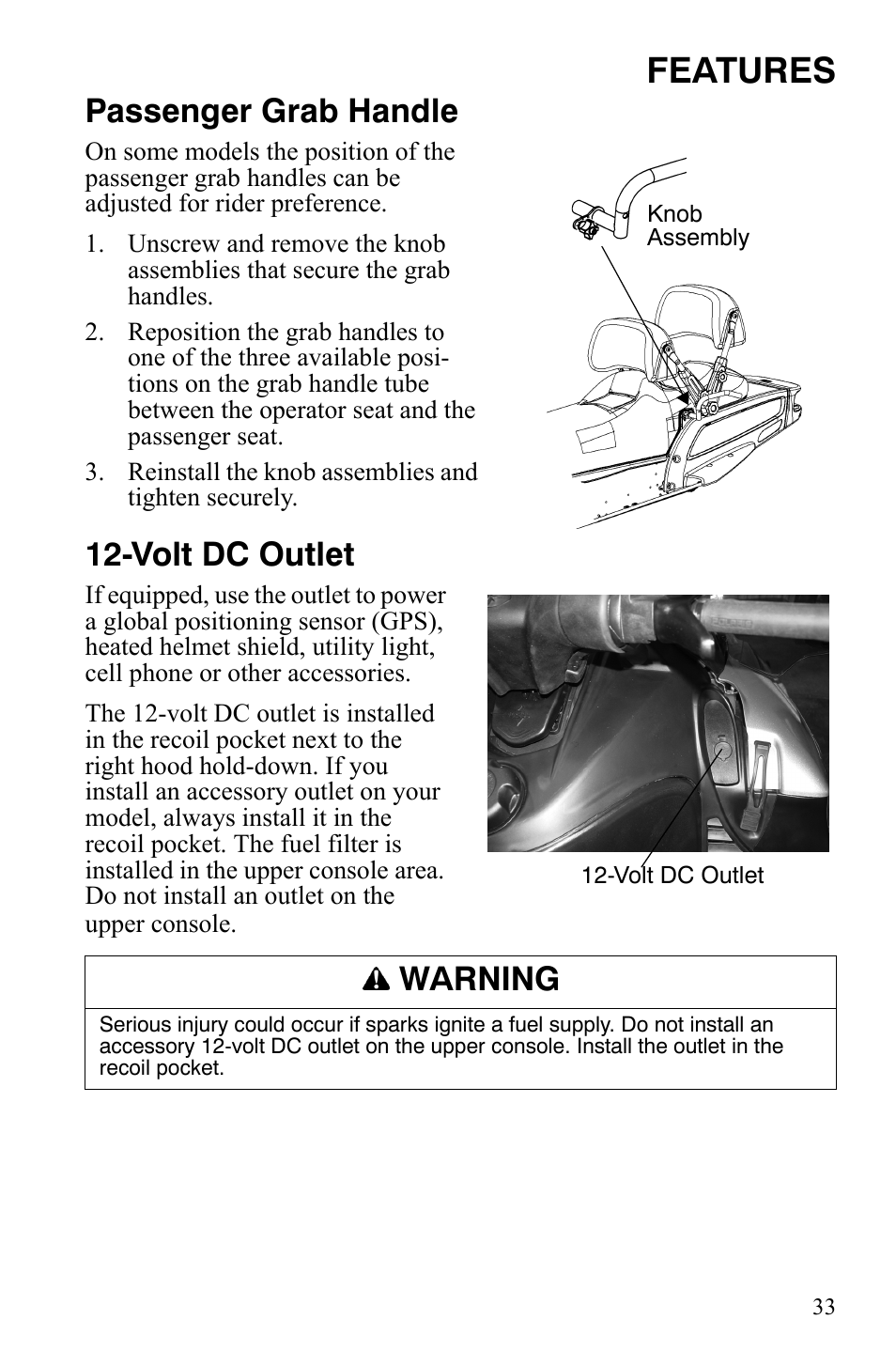 Features, Passenger grab handle, Volt dc outlet | Warning | Polaris FS IQ TOURING 7427 C User Manual | Page 36 / 176