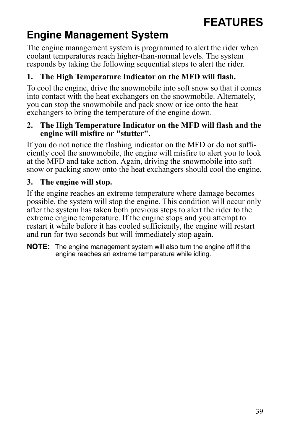 Features, Engine management system | Polaris FS IQ TOURING 7427 C User Manual | Page 42 / 176
