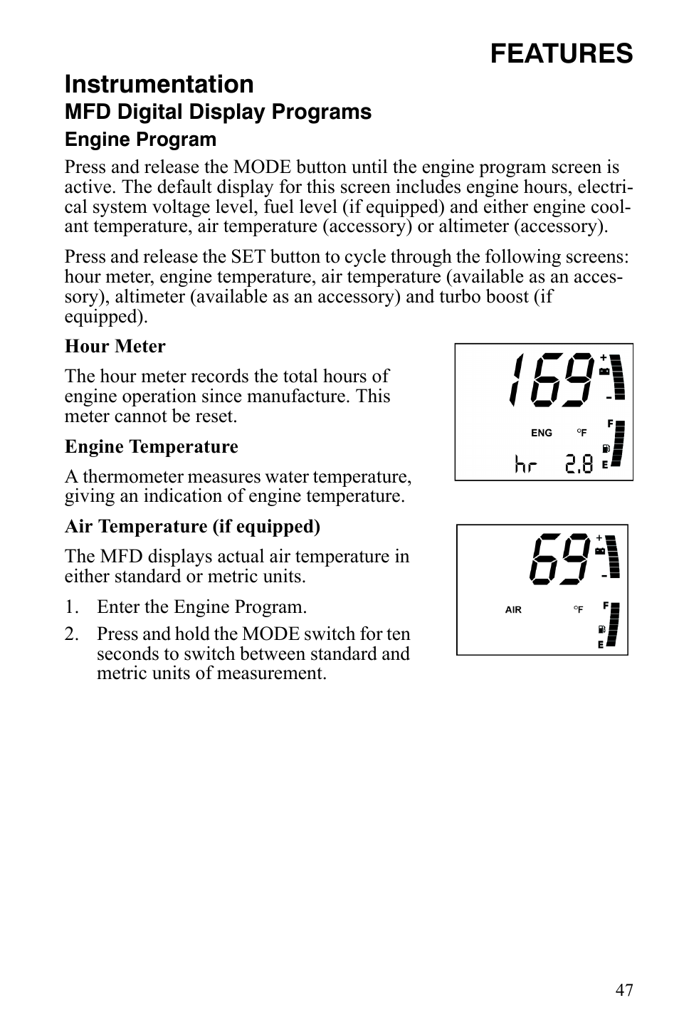Features, Instrumentation | Polaris FS IQ TOURING 7427 C User Manual | Page 50 / 176