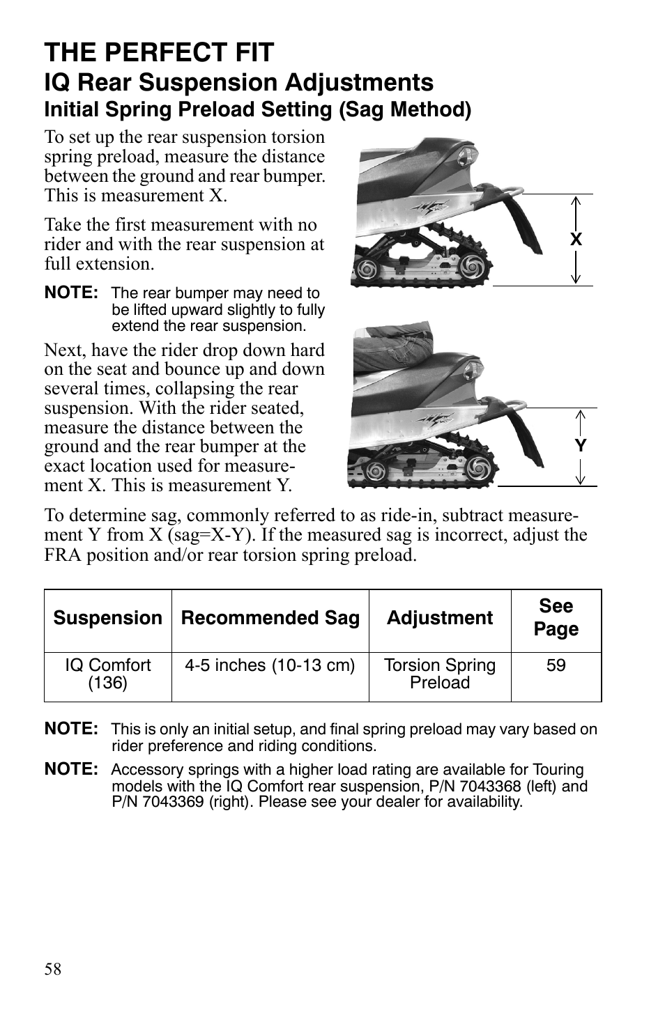 The perfect fit, Iq rear suspension adjustments, Initial spring preload setting (sag method) | Polaris FS IQ TOURING 7427 C User Manual | Page 61 / 176