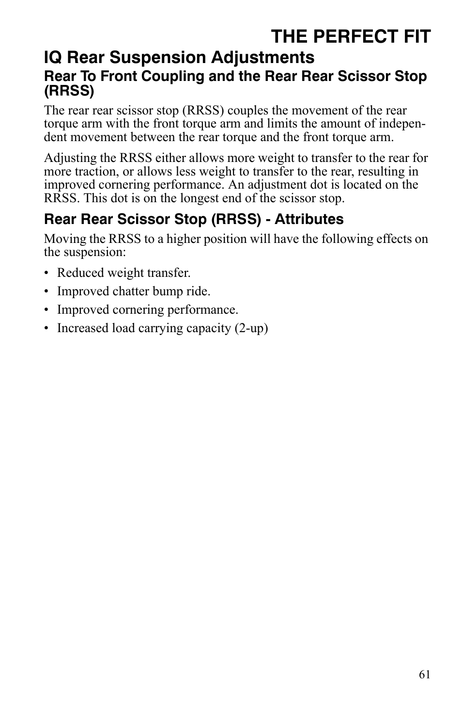 The perfect fit, Iq rear suspension adjustments | Polaris FS IQ TOURING 7427 C User Manual | Page 64 / 176