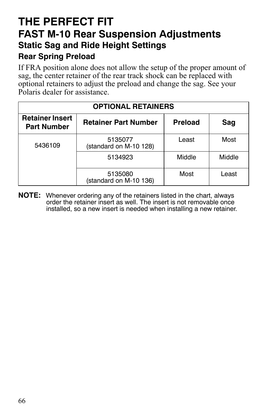 The perfect fit, Fast m-10 rear suspension adjustments, Static sag and ride height settings | Polaris FS IQ TOURING 7427 C User Manual | Page 69 / 176