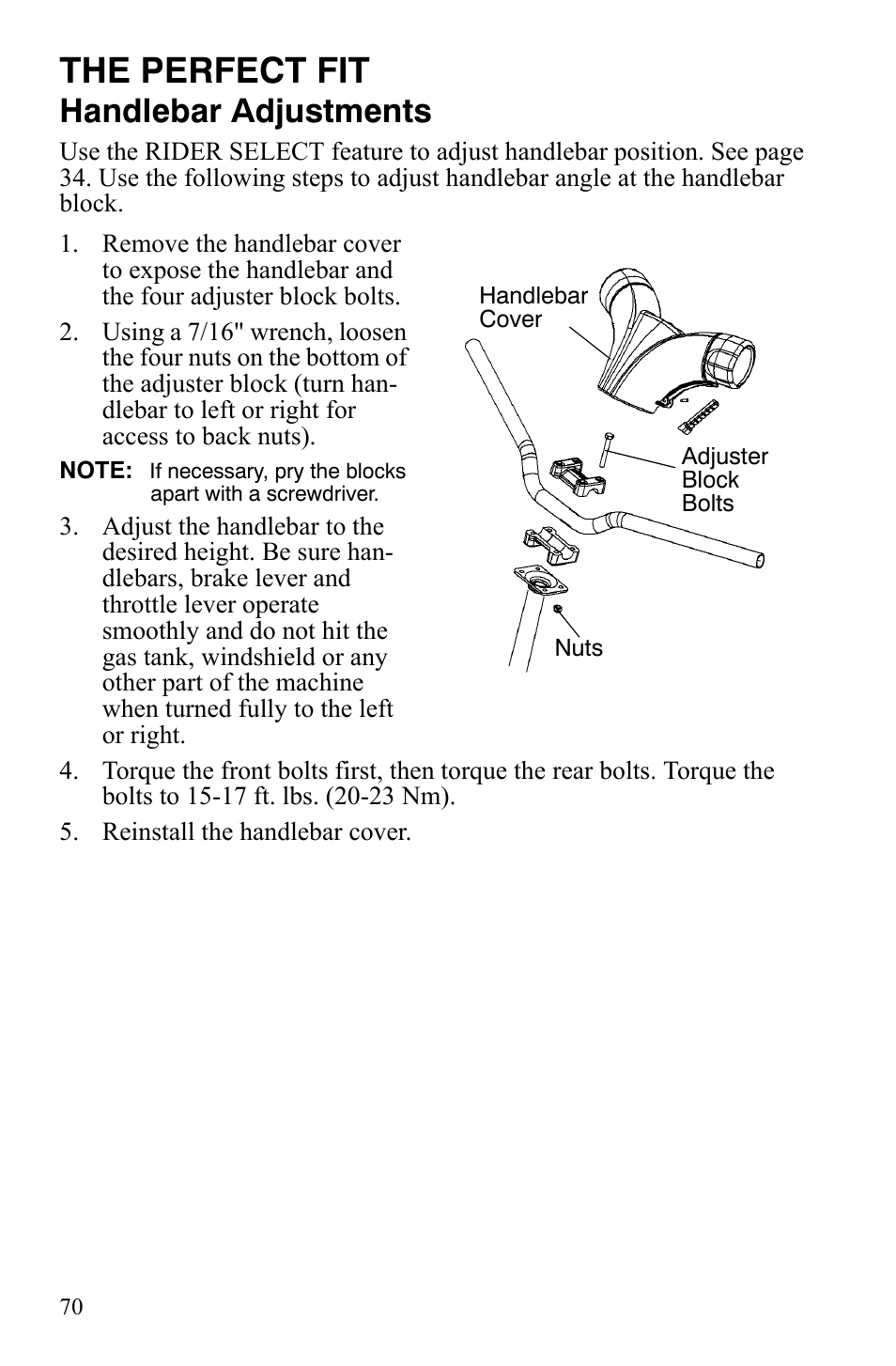 The perfect fit, Handlebar adjustments | Polaris FS IQ TOURING 7427 C User Manual | Page 73 / 176