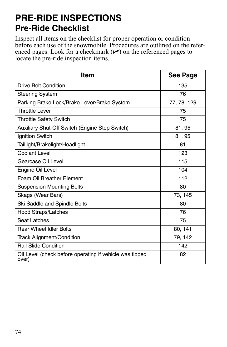 Pre-ride inspections, Pre-ride checklist | Polaris FS IQ TOURING 7427 C User Manual | Page 77 / 176