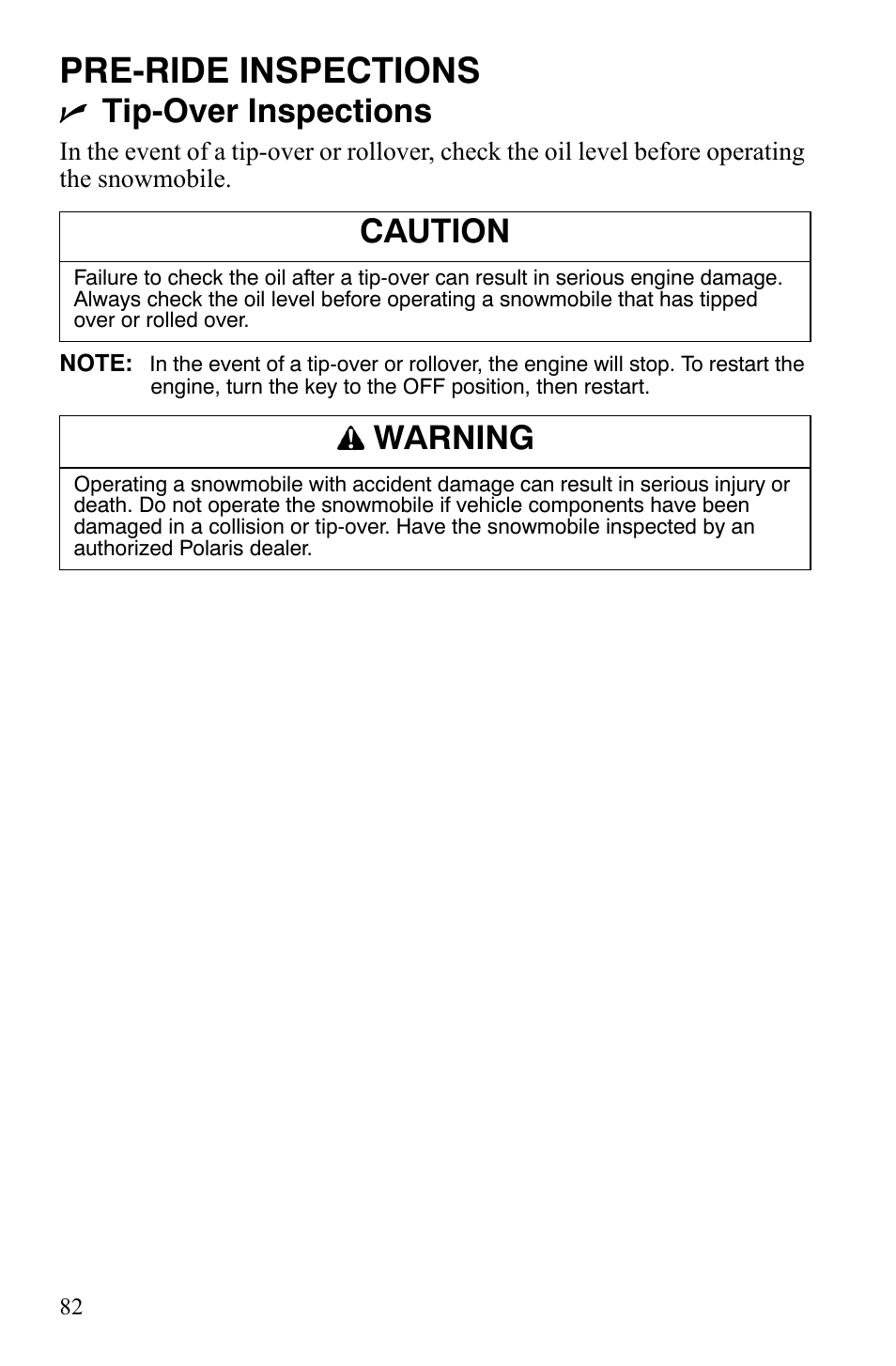 Pre-ride inspections, Tip-over inspections, Caution | Warning | Polaris FS IQ TOURING 7427 C User Manual | Page 85 / 176