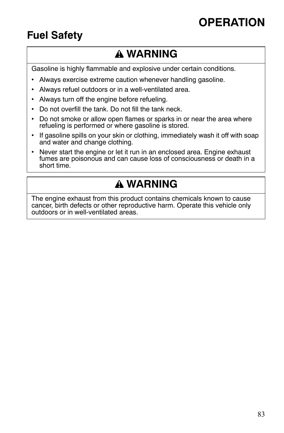 Operation, Fuel safety warning, Warning | Polaris FS IQ TOURING 7427 C User Manual | Page 86 / 176