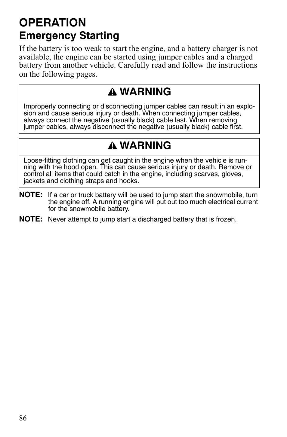 Operation, Emergency starting, Warning | Polaris FS IQ TOURING 7427 C User Manual | Page 89 / 176