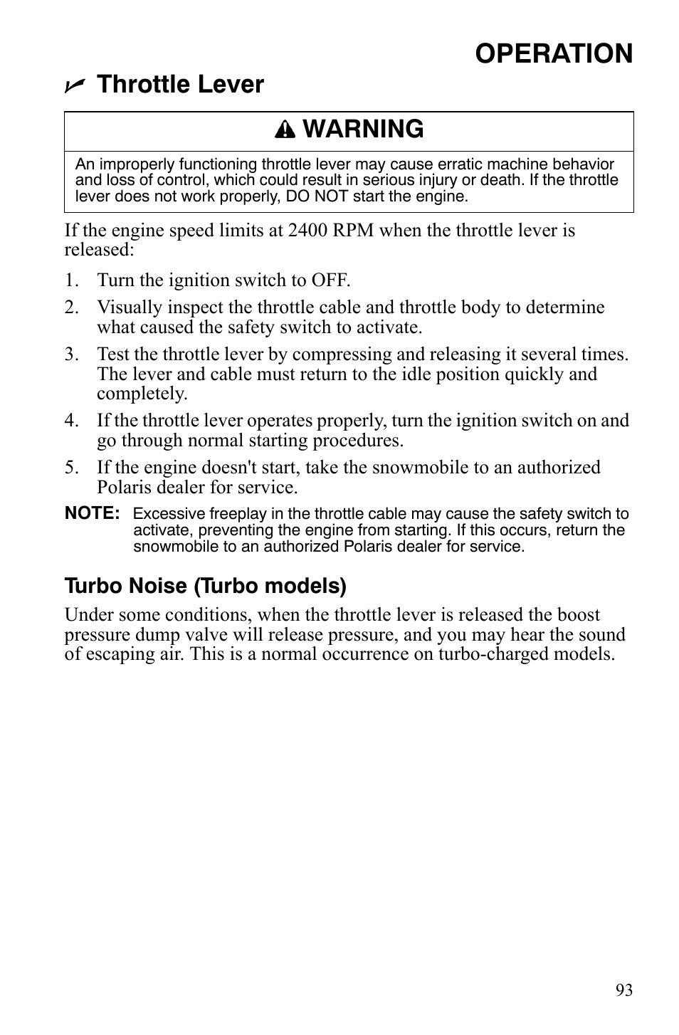 Operation, Throttle lever, Warning | Polaris FS IQ TOURING 7427 C User Manual | Page 96 / 176