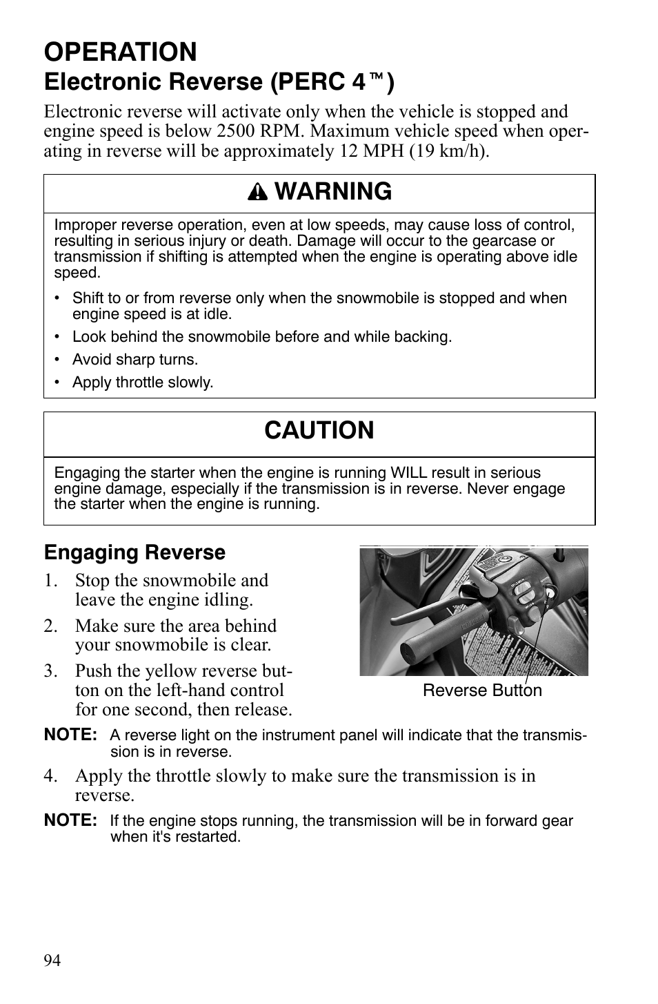 Operation, Electronic reverse (perc 4 t ), Warning | Caution, Engaging reverse | Polaris FS IQ TOURING 7427 C User Manual | Page 97 / 176