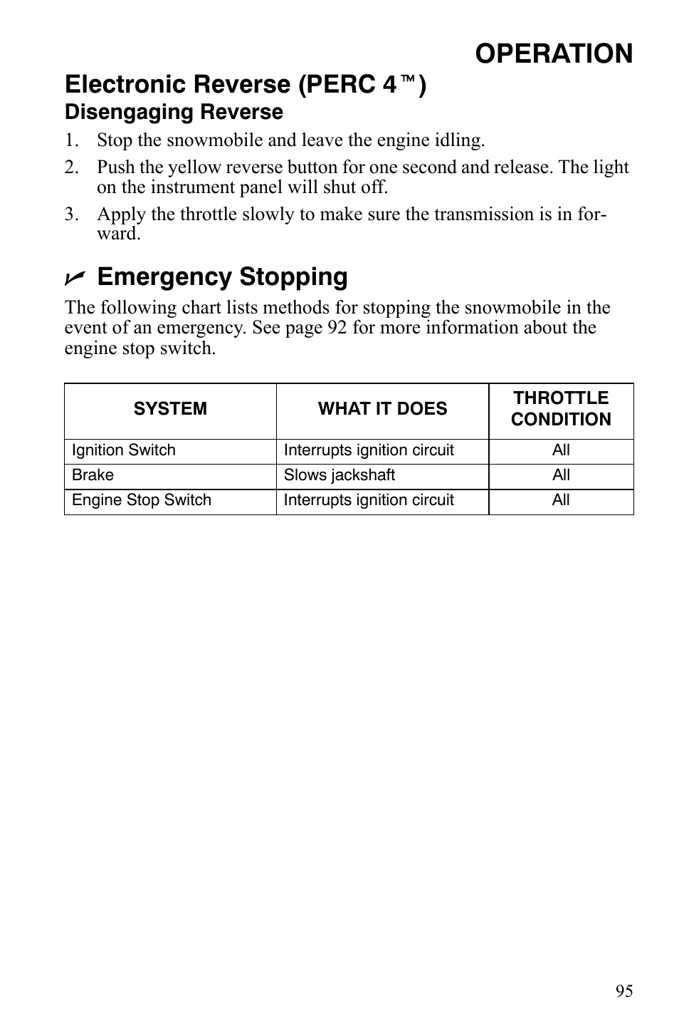 Operation, Electronic reverse (perc 4 t ), Emergency stopping | Disengaging reverse | Polaris FS IQ TOURING 7427 C User Manual | Page 98 / 176