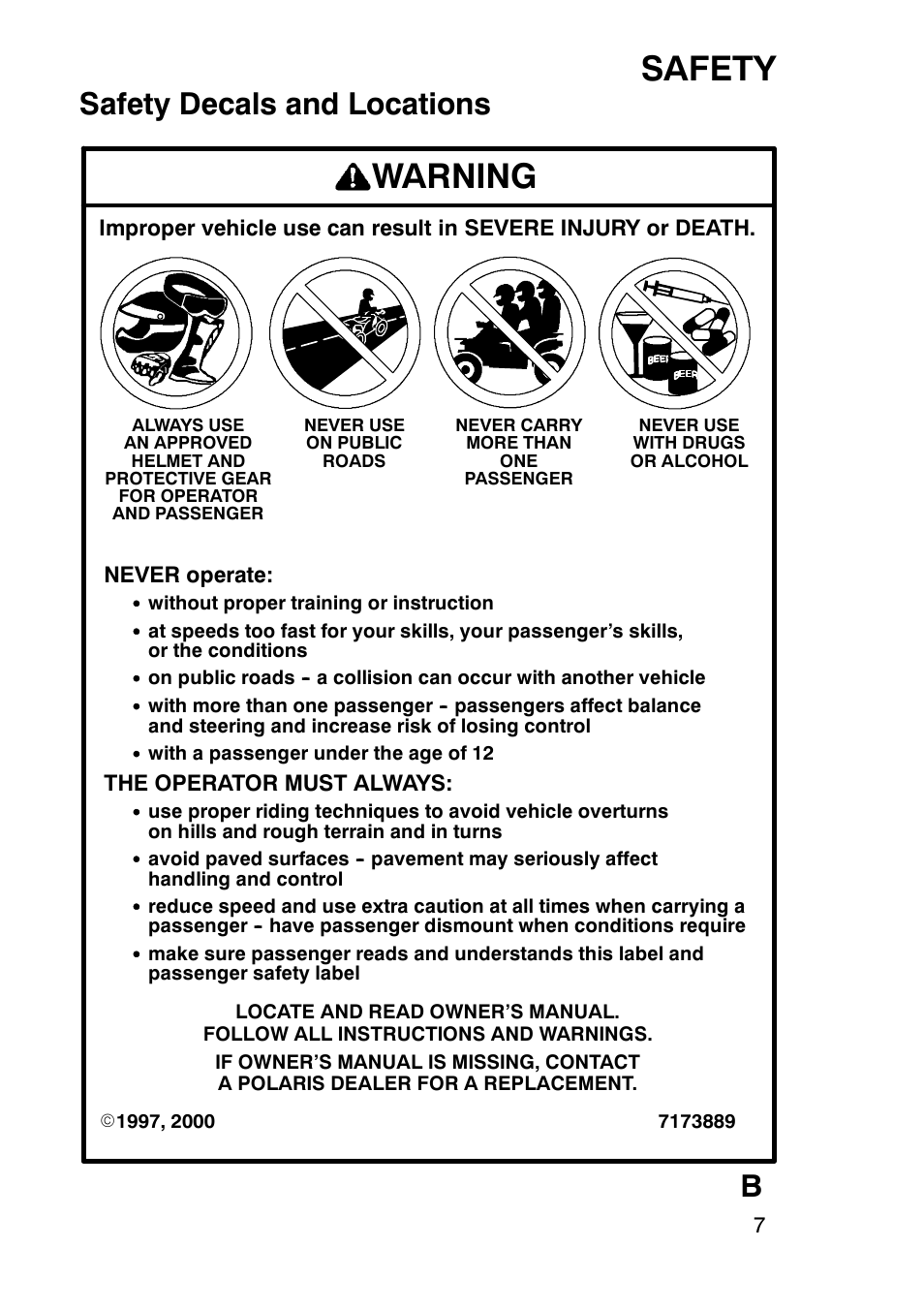 Safety, Warning, Safety decals and locations | Polaris Sportsmabn X2 500 EFI User Manual | Page 10 / 136