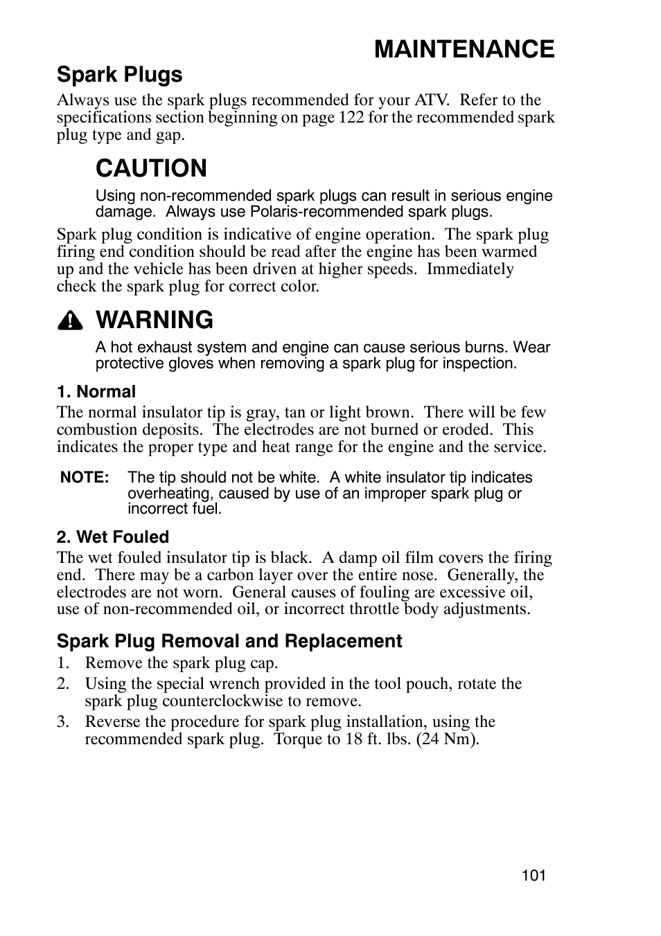 Maintenance, Caution, Warning | Spark plugs | Polaris Sportsmabn X2 500 EFI User Manual | Page 104 / 136