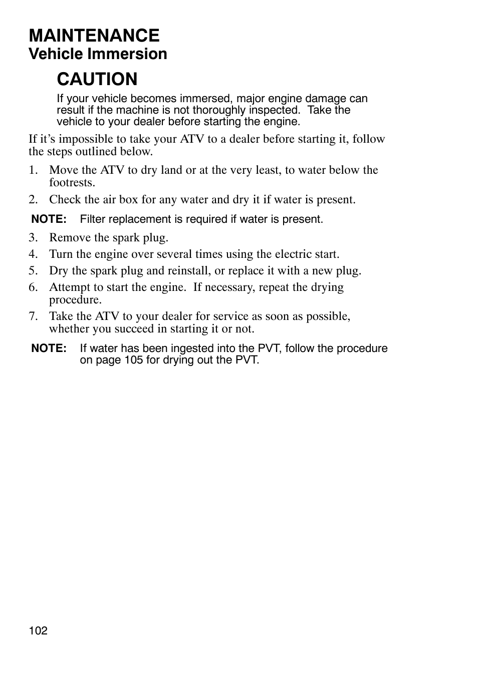 Maintenance, Caution, Vehicle immersion | Polaris Sportsmabn X2 500 EFI User Manual | Page 105 / 136