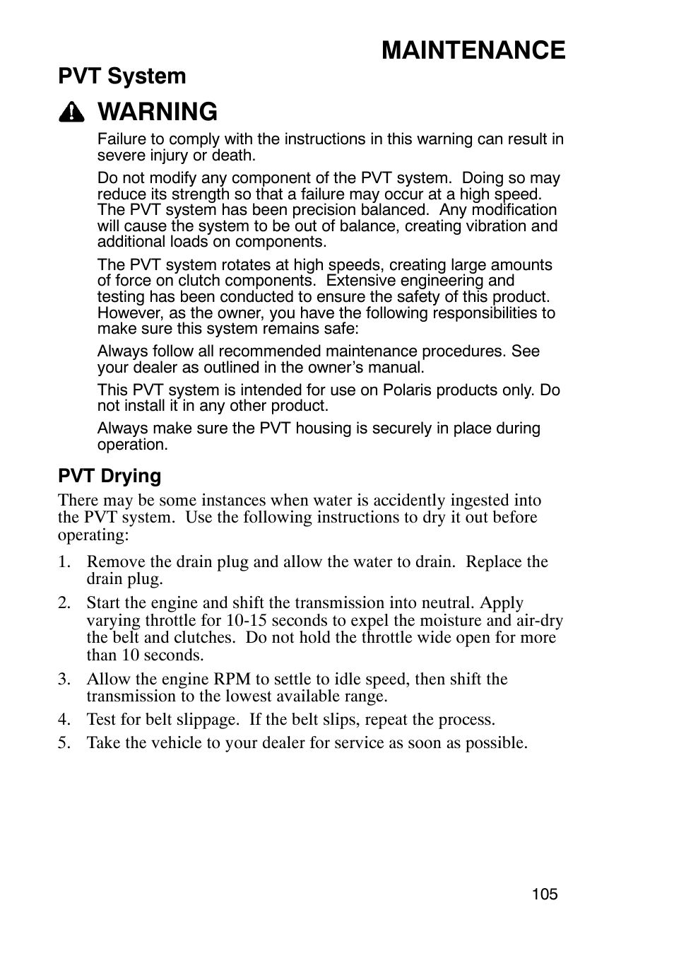 Maintenance, Warning, Pvt system | Polaris Sportsmabn X2 500 EFI User Manual | Page 108 / 136