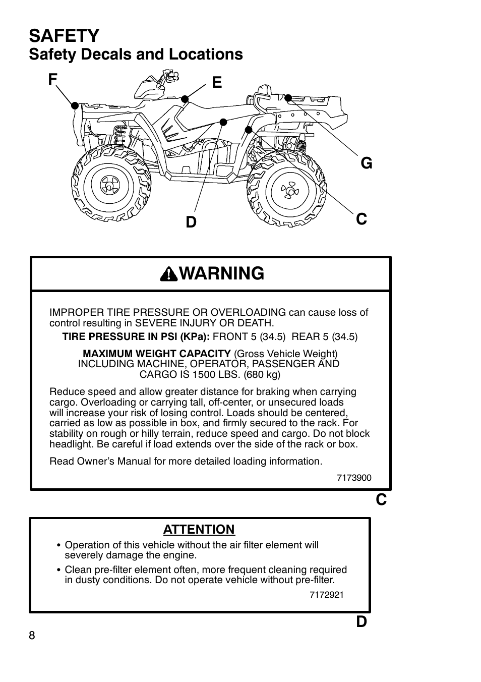 Safety, Warning, Safety decals and locations | Polaris Sportsmabn X2 500 EFI User Manual | Page 11 / 136