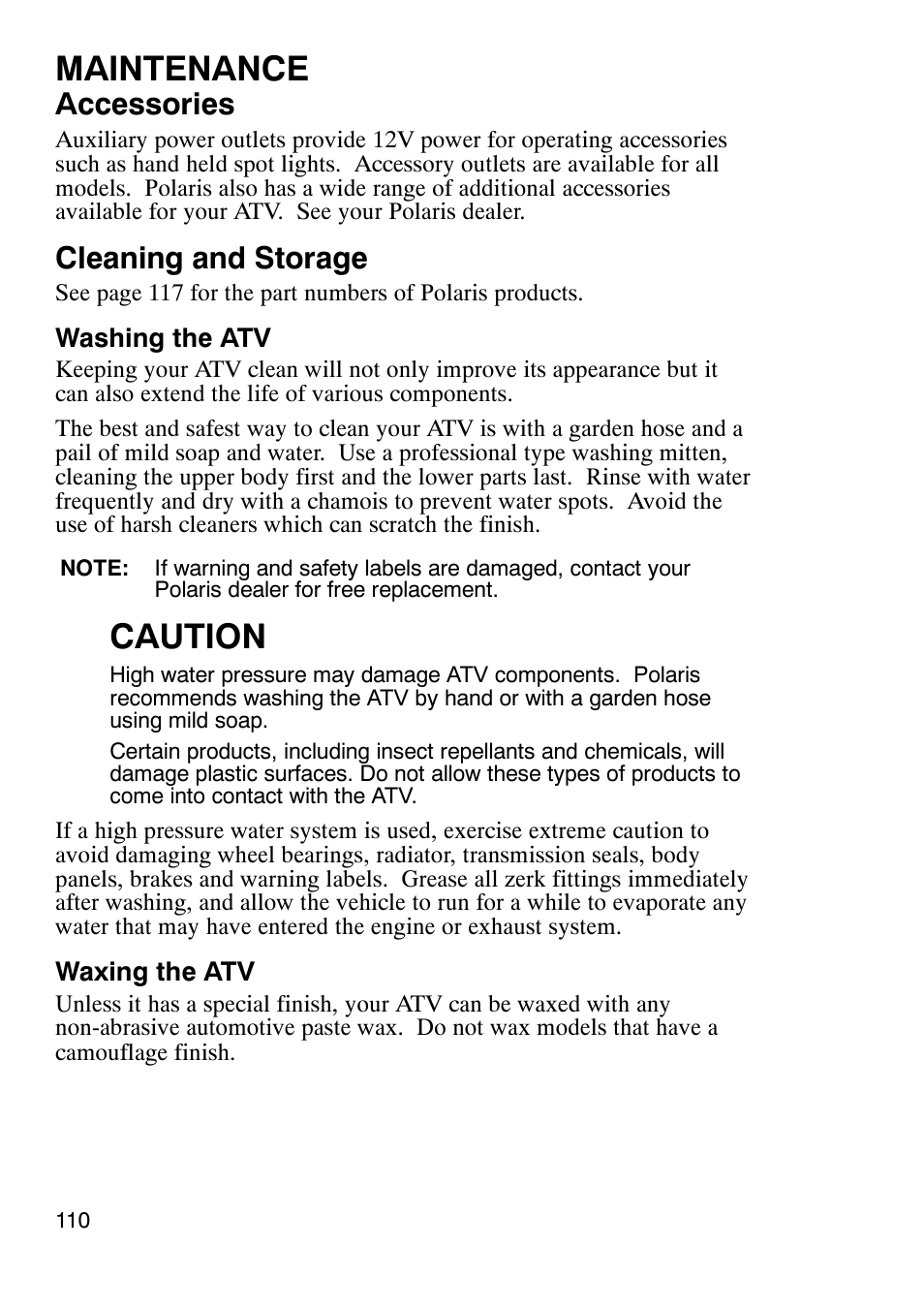 Maintenance, Caution, Accessories | Cleaning and storage | Polaris Sportsmabn X2 500 EFI User Manual | Page 113 / 136