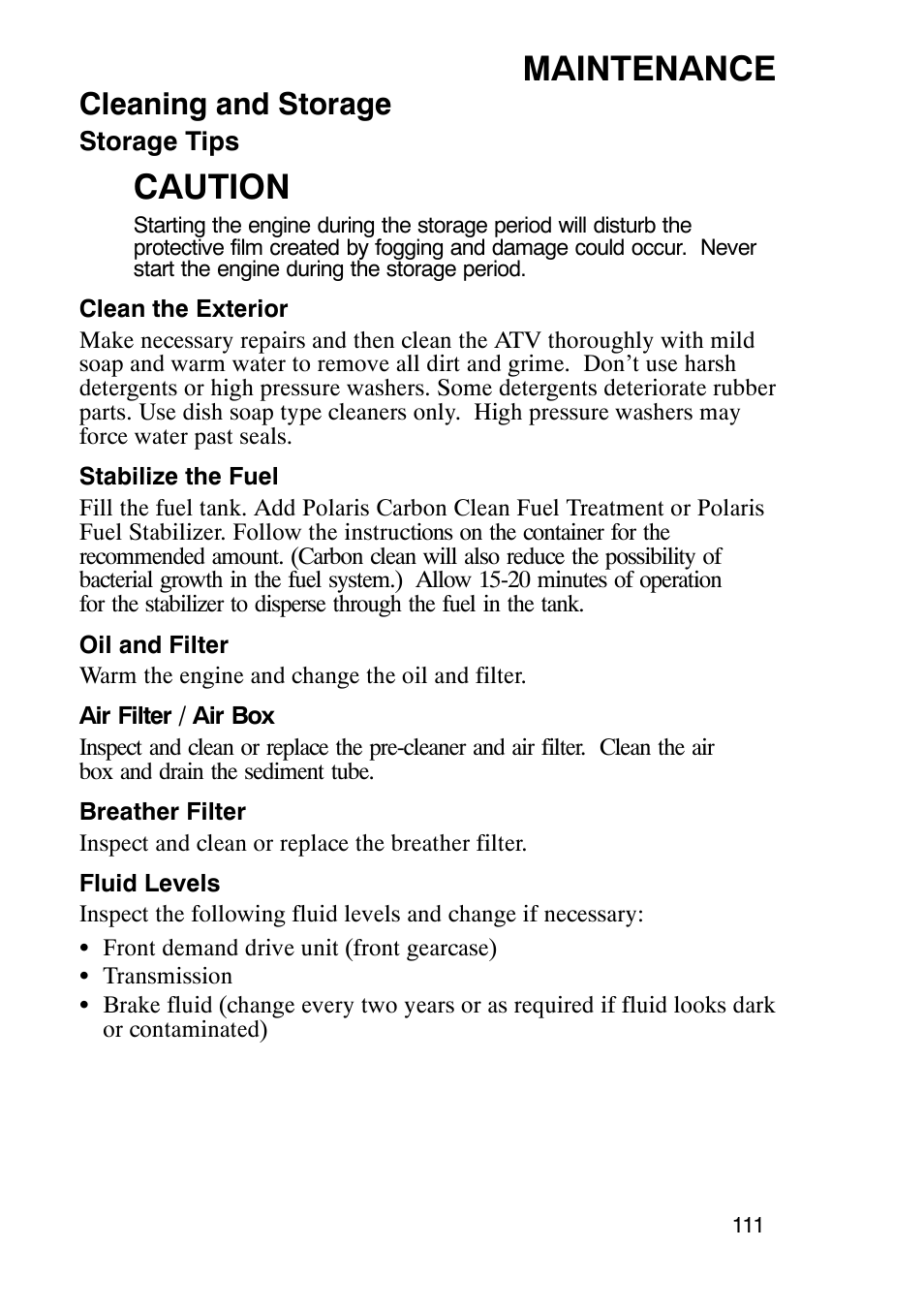 Maintenance, Caution, Cleaning and storage | Polaris Sportsmabn X2 500 EFI User Manual | Page 114 / 136