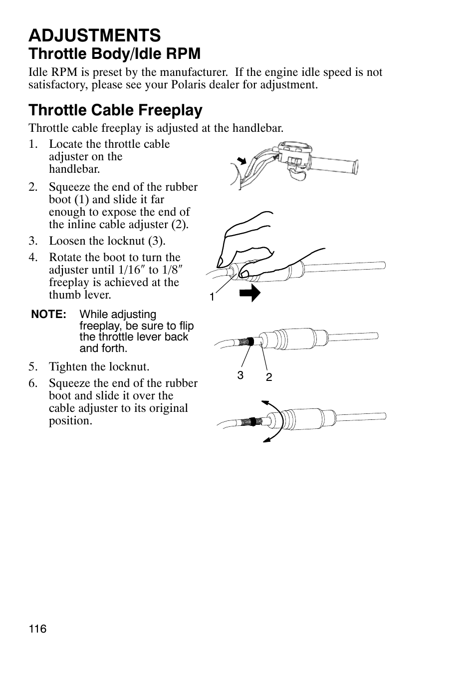 Adjustments, Throttle body/idle rpm, Throttle cable freeplay | Polaris Sportsmabn X2 500 EFI User Manual | Page 119 / 136