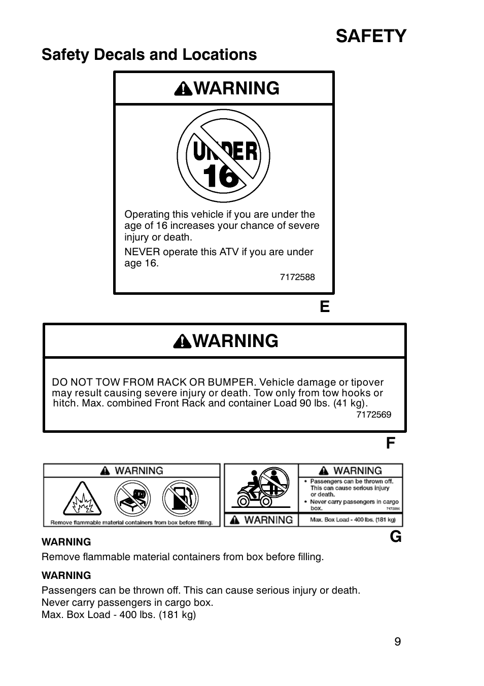 Safety, Warning, Safety decals and locations | Ef g | Polaris Sportsmabn X2 500 EFI User Manual | Page 12 / 136