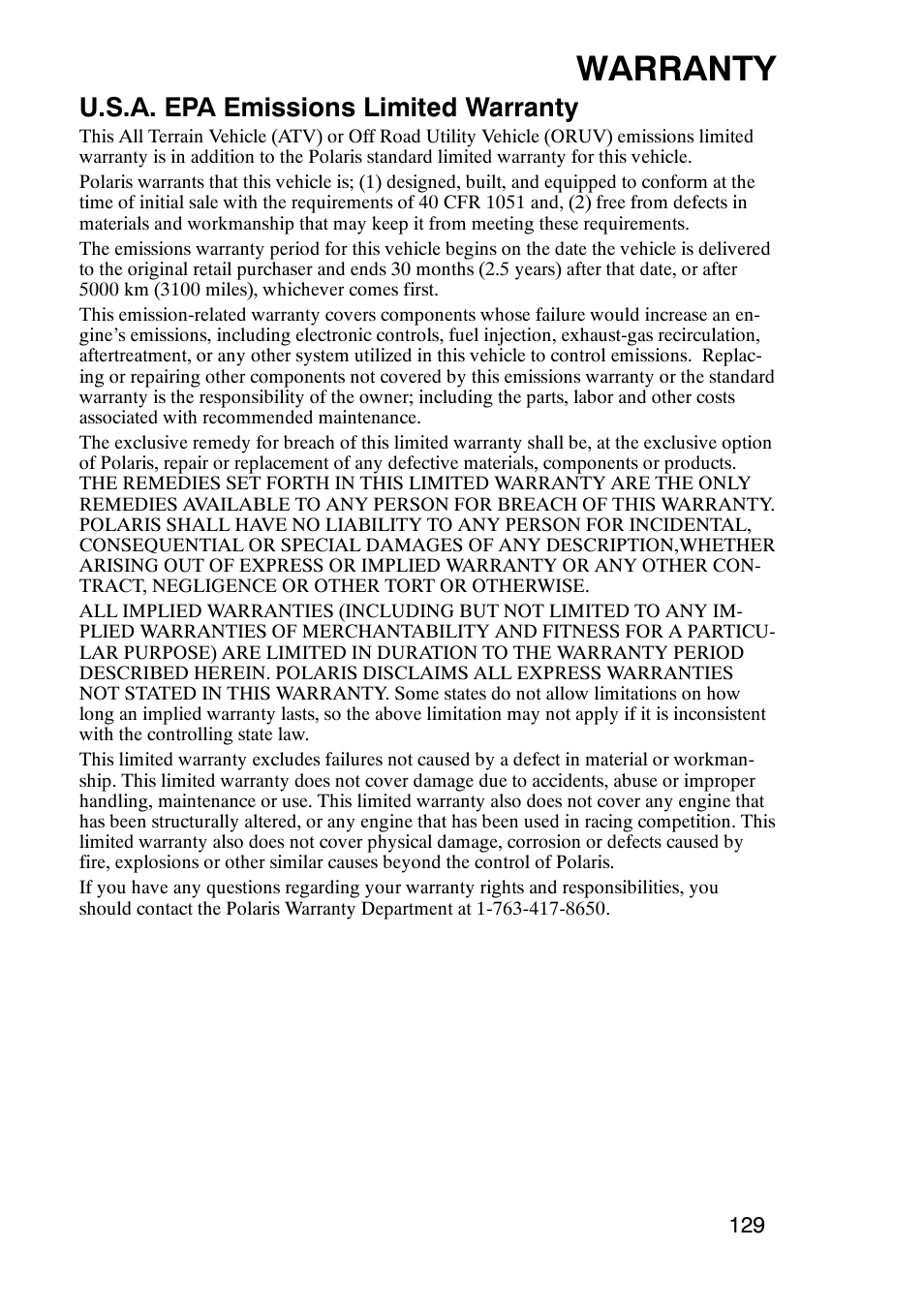 Warranty, U.s.a. epa emissions limited warranty | Polaris Sportsmabn X2 500 EFI User Manual | Page 132 / 136