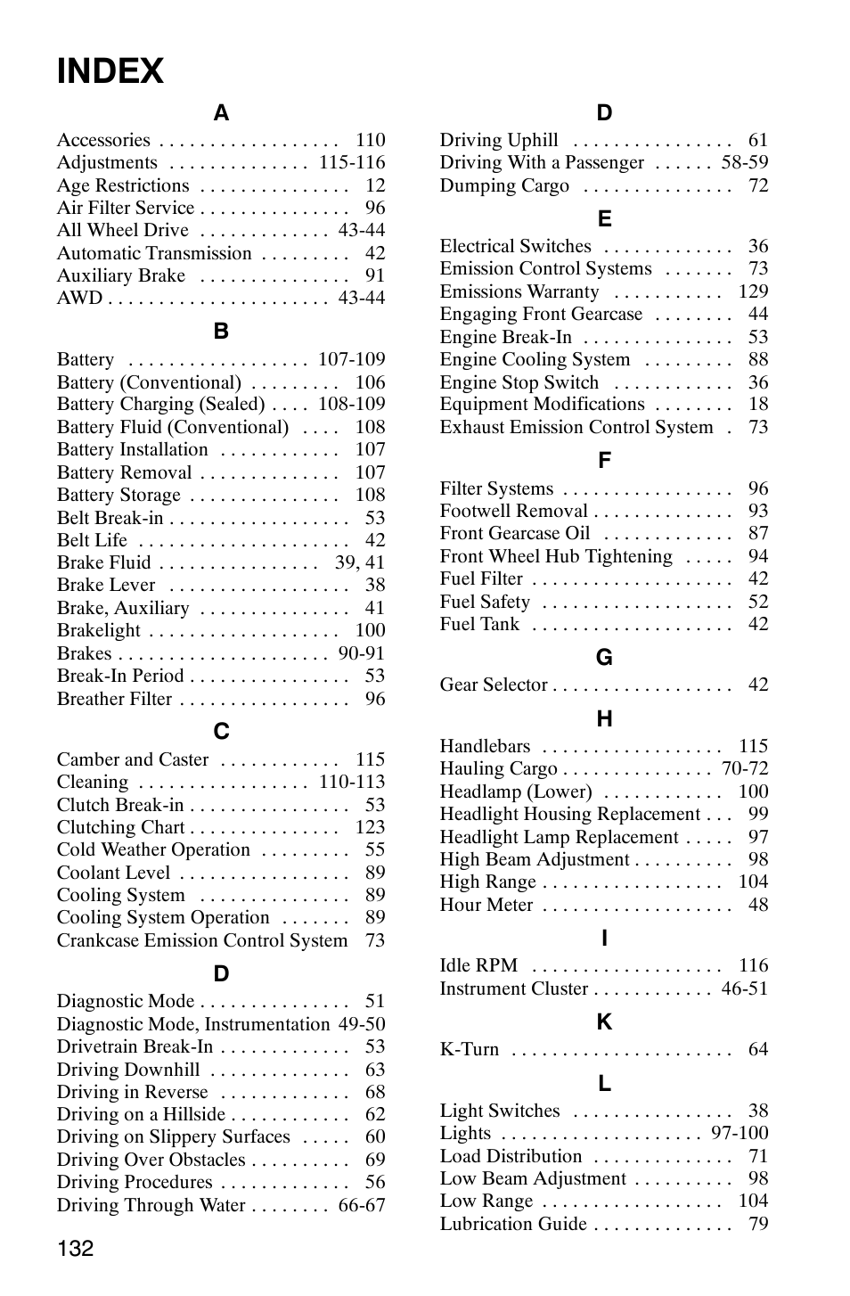 Index | Polaris Sportsmabn X2 500 EFI User Manual | Page 135 / 136