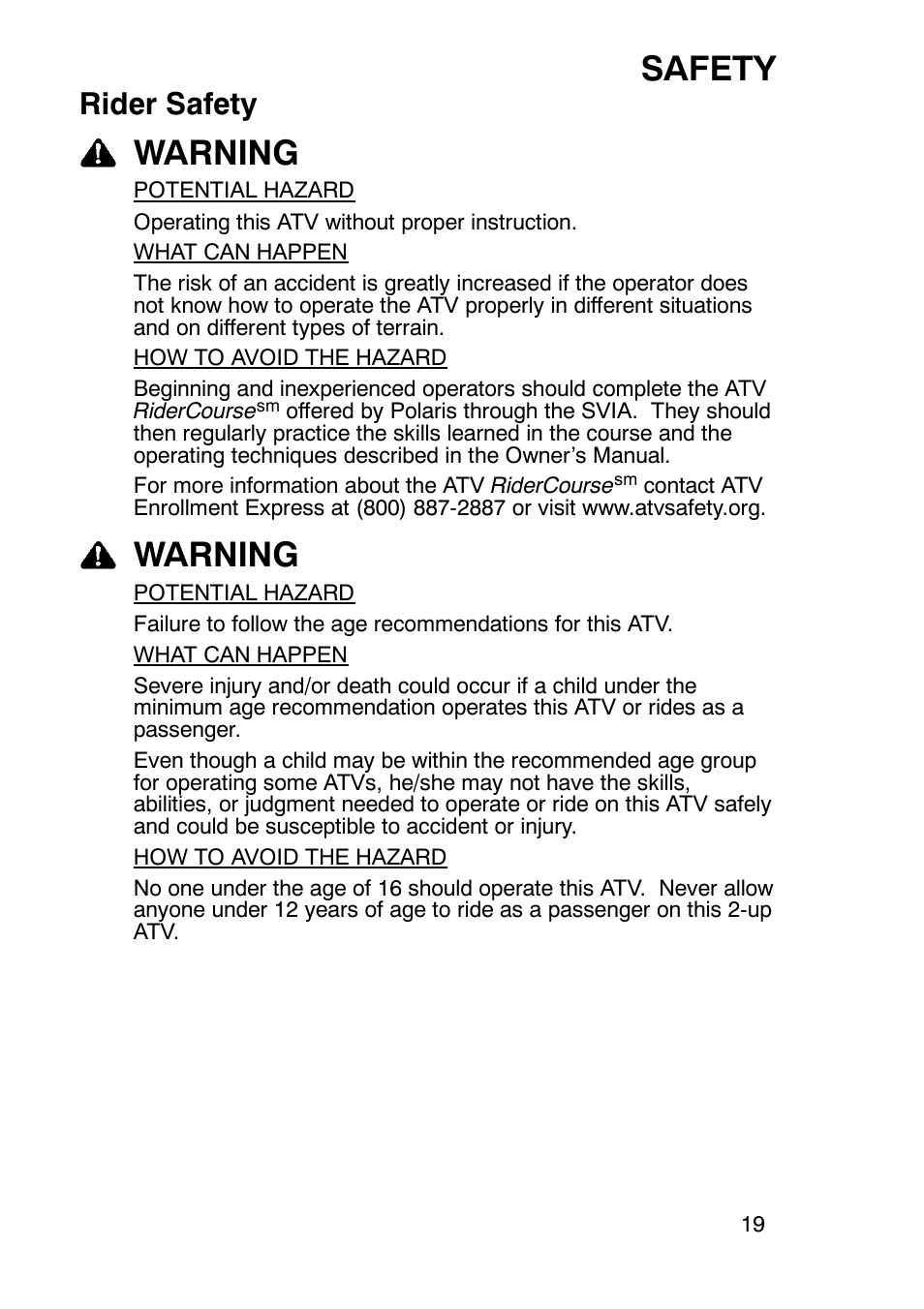 Safety, Warning, Rider safety | Polaris Sportsmabn X2 500 EFI User Manual | Page 22 / 136