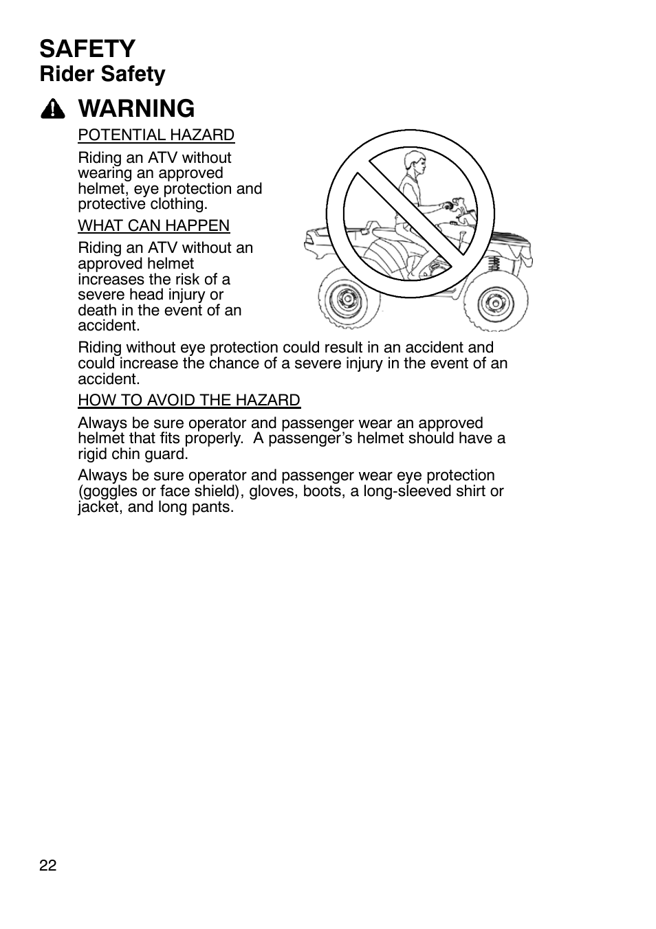 Safety, Warning, Rider safety | Polaris Sportsmabn X2 500 EFI User Manual | Page 25 / 136