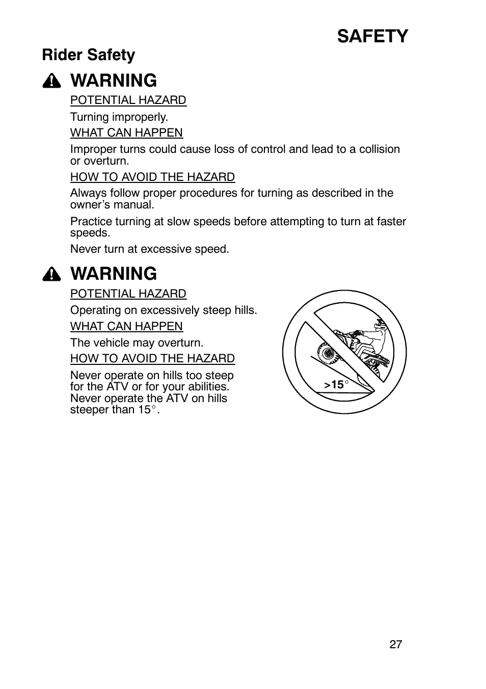 Safety, Warning, Rider safety | Polaris Sportsmabn X2 500 EFI User Manual | Page 30 / 136